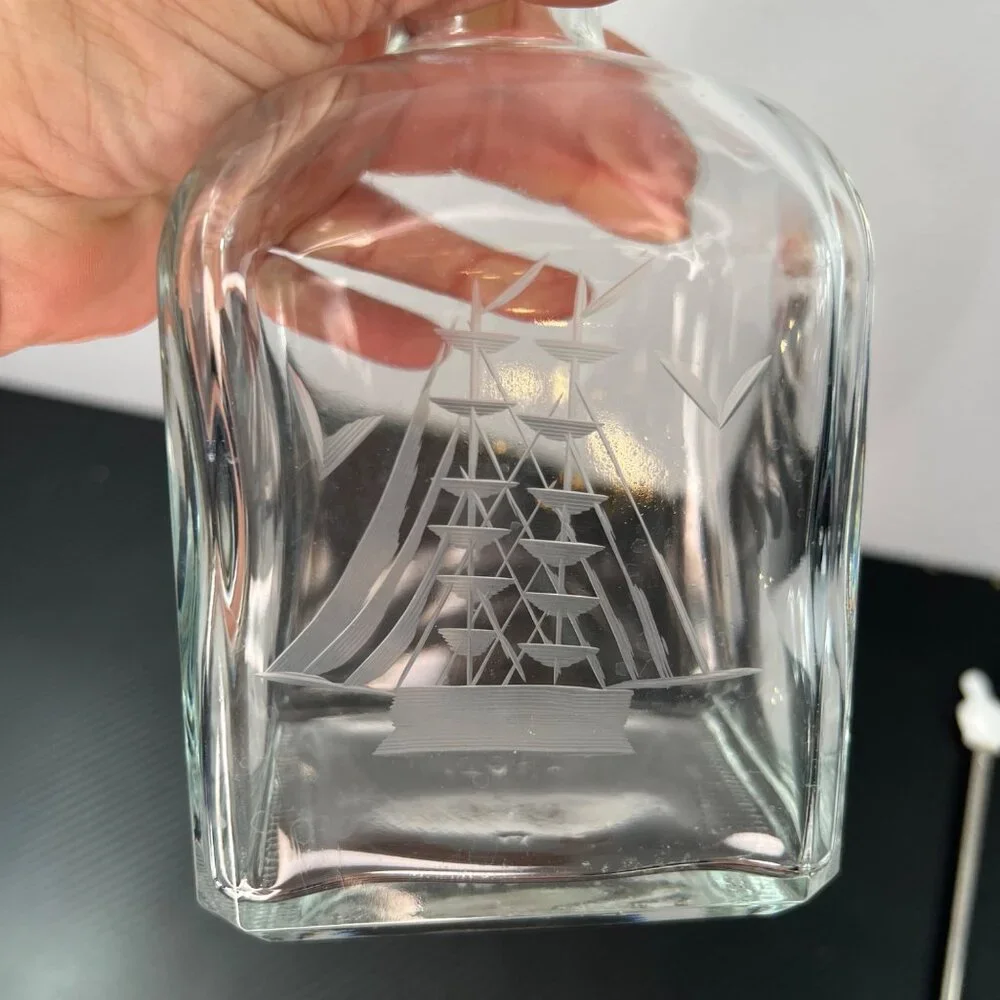 Vintage Liquor Decanter Bottle Nautical Etched Sailboat Schooner Cork Stopper
